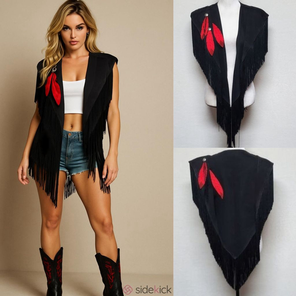 Wanted Rare Vintage Black Denim Red Feather Bold Fringe Western Boho Shawl OSFA